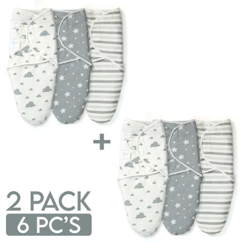 IR Imperial Rooms Baby Swaddles & Blanket Sleep Sack, Organic Cotton, Velcro Adjustable, 0-3 Months, Gray, Pack of 6
