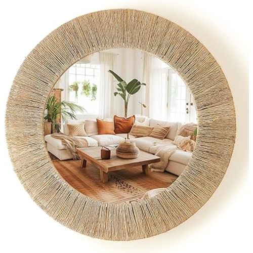 Chi An Home 24 Inch Natural Jute Mirror, Wall Mounted Round Mirror with Metal Frame, Wall Decor Rustic Farmhouse Boho Decor Accent for Bathroom, Bedroom, Living Room, or Entryway