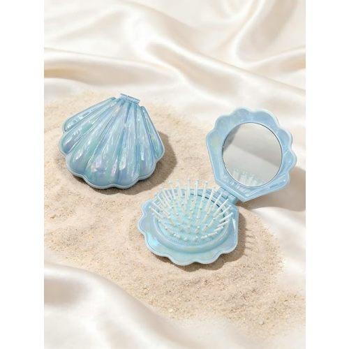Metallic Shining Finish Foldable Travel Hair Brush with Mirror Shell Shape Portable Folding Pocket Hair Comb Mini Air Cushion Massage Detangler Blue (Pack of 1)