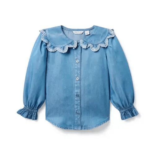 Girl Hazel Medium Wash Chambray Scalloped Collar Top by Janie and Jack