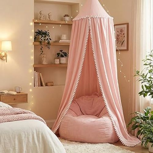 LOAOL Bed Canopy with Pom Pom for Kids Crib Baby Girl Netting Cover Canopy Crib Curtain Reading Nook Hanging Tent Nursery Play Game Castle Room Decoration (Pink)