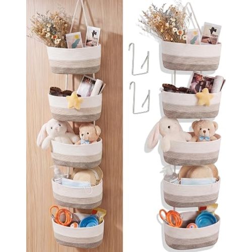 SiliFine 5 Tier Over The Door Hanging Basket Boho Woven Cotton Wall Mounted Storage Organizer Bag Decorative Hanging Wall Basket with Hook for Bathroom Kitchen Nursery Bedroom(Brown)