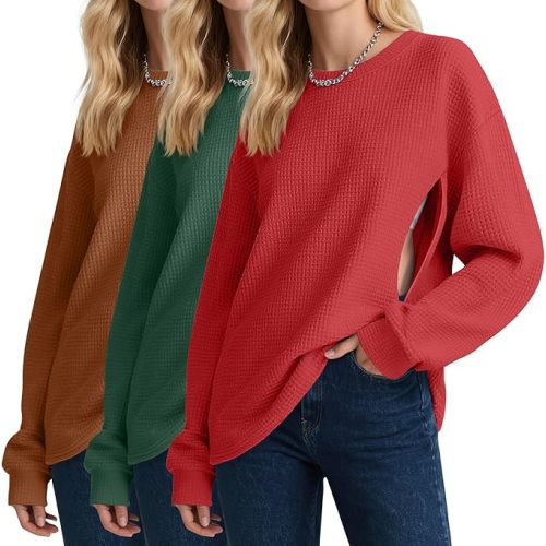 Oakgarden 3 Pack Women's Oversized Nursing Tops, Waffle Knit Breastfeeding Zipper Sweatshirt Long Sleeve Maternity Shirts