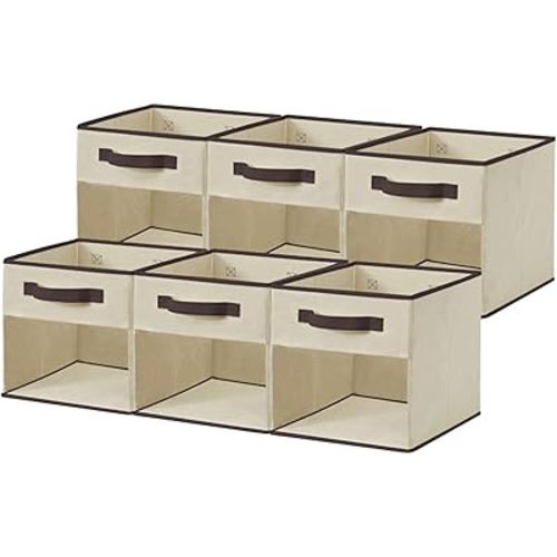 DECOMOMO Storage Bins, Cube Storage Bin with Window, Fabric Storage Cubes for Shelves (11" / 6pcs, Beige)