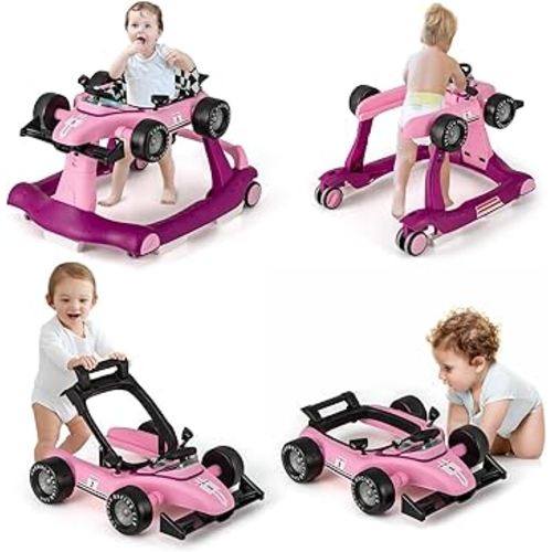 HONEY JOY 4-in-1 Baby Walker, Activity Push Walker w/3 Adjustable Heights, Smooth Wheels w/Adjustable Speed, Padded Seat, Music & Light, Foldable Car Walker for Baby Boys Girls Age 6 Months+ (Purple)