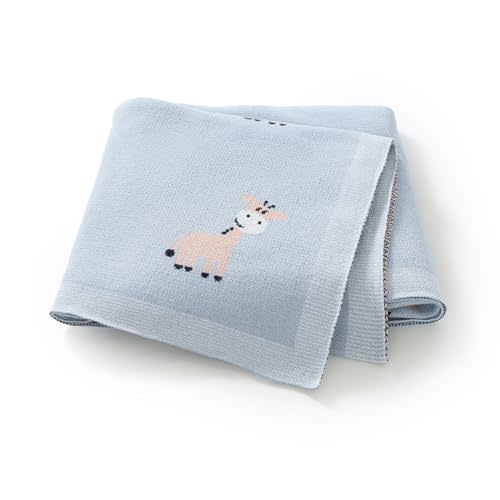 Hadetoto Knit Baby Blanket for Girls Boys, 32x40 Inch (Light Blue) | 100% Cotton, Soft Crib Swaddle, Neutral Nursery Bedding, Newborns Toddlers, Cute Giraffe