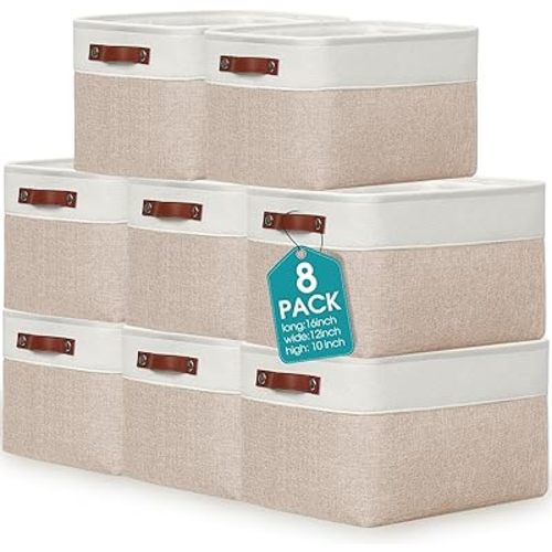 Uiifan 8 Pack 16 x 12 x 10 Inch Large Storage Baskets Collapsible Fabric Storage Cubes Bins with Handles for Shelves Closets Nursery Home Clothes Toys Organizers, Beige