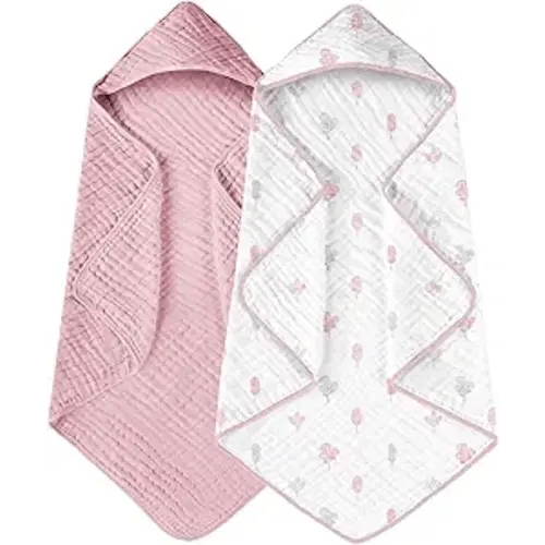 Yoofoss Hooded Baby Towels for Newborn 2 Pack 100% Muslin Organic Cotton Baby Bath Towel with Hood for Babies, Infant, Toddler and Kids, 32x32Inch, Soft and Absorbent Newborn Essential,Pink&Wh Leaf
