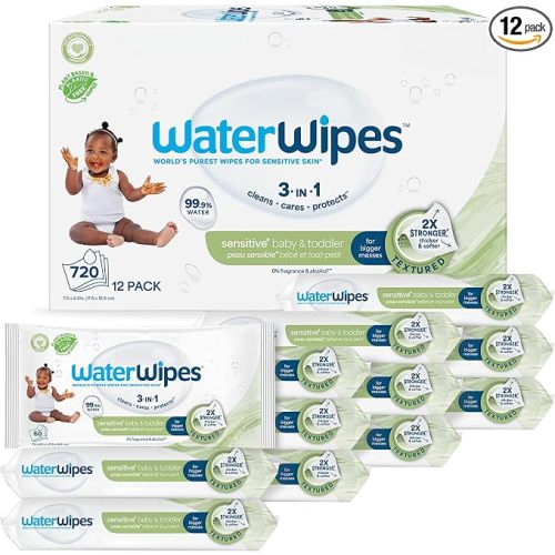 WaterWipes Sensitive+ Baby & Toddler Wipes, 3-In-1 Cleans, Cares, Protects, 99.9% Water, Textured Clean, Unscented & Hypoallergenic, 720 Count (12 Packs)
