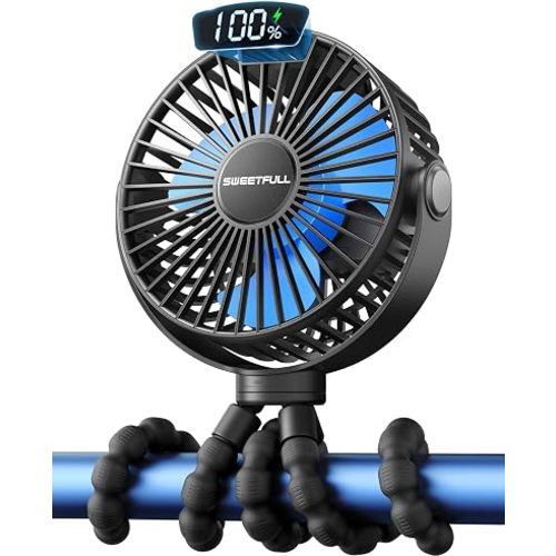 SWEETFULL [2026 Upgrade Portable Stroller Fan with LED Display, 4 Speed Rechargeable Mini Clip On Fan, 360° Rotate Flexible Tripod Better Cooling Small Baby Fan for Car Seat Crib Travel Treadmill