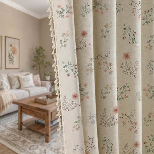 Boho Floral 100% Blackout Curtains 63 Inch Length 1 Panel, Linen Texture Farmhouse Curtains Beige Tassel for Living Room Bedroom Vintage Rustic Patterned Printed Western Rod Pocket