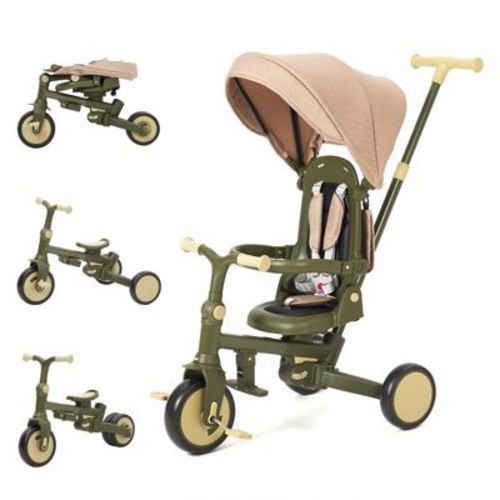 7-in-1 Foldable Toddler Tricycle, Adjustable Push Handle Trike with Removable Canopy & Safety Harness