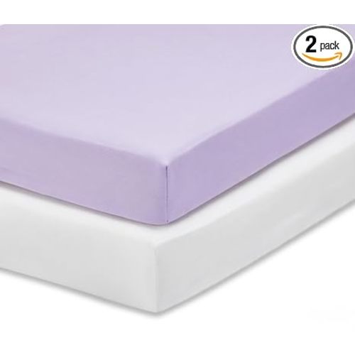 Everyday Kids 2-Pack Fitted Crib Sheets, 100% Soft Breathable Microfiber Baby Sheet, Fits Standard Size Crib Mattress 28in x 52in, White Nursery Sheet and Lavender Nursery Sheet