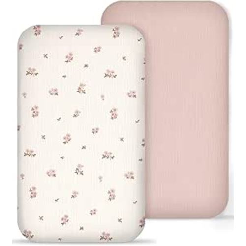 Muslin Bedside Bassinet Sheets 2 Pack, 33" X 20", (Vintage Blossom & Pink)