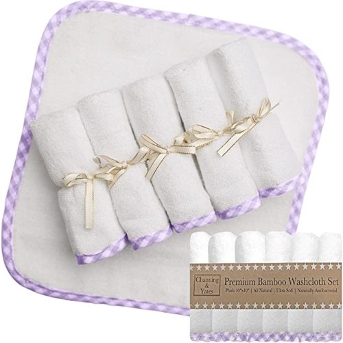 Channing & Yates - Premium Baby Washcloths - (6-Pack) Organic Viscose Made from Bamboo Wash Cloths 2X Thick & Soft - 10 x 10 in - Helps Eczema - Adult Face Washcloths - (Purple on White)