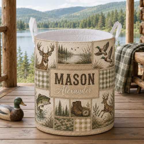 Personalized Hunting Laundry Basket, Custom Name Deer Duck Fishing Hamper, Woodland Baby Boy Nursery Decor, Outdoorsman Gift