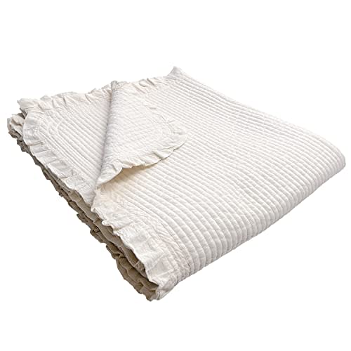 100% Cotton Frilled Bed Coverlet, Blanket – Full/Double Size Bed 79 x91” - Pigment Washed Soft & Breathable Quilted Blankets for Bed and Couch – Lightweight Bed Coverlet for All Seasons (Ivory)