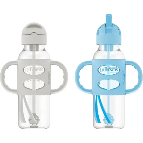 Dr. Brown's Milestones Narrow Sippy Straw Bottle, Spill-Proof with 100% Silicone Handles and Weighted Straw, 8 oz/250 mL, Gray & Blue, 6m+