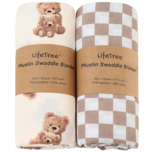 LifeTree Muslin Swaddle Blankets, Baby Swaddling Wrap Nursery Blanket Unisex, Soft 70% Viscose from Bamboo and 30% Cotton, Large 47 x 47 inches, Bear & Checkered Swaddle Blanket
