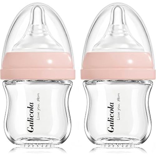 Gulicola Small Glass Baby Bottle for Newborn Breastfeeding Babies, Preemie & Extra Slow Flow Nipples (SS), Anti-Colic, Breast-Like, 0 Months+, 3 oz, 2 Pack - Pink