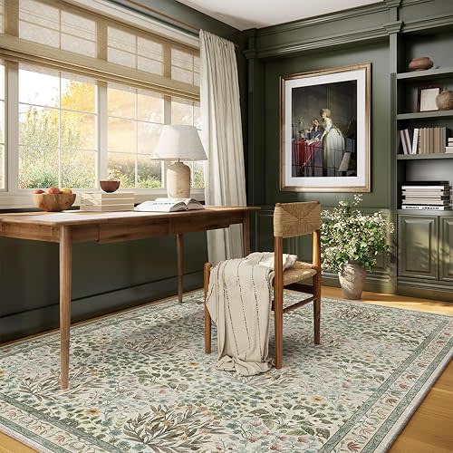 Beige Blue Area Rug 5x7 - Vintage Washable Floral Rug for Living Room, Bedroom, Nursery & Entryway - Low Pile, Non-Slip, Stain Resistant, Retro Indoor Carpet