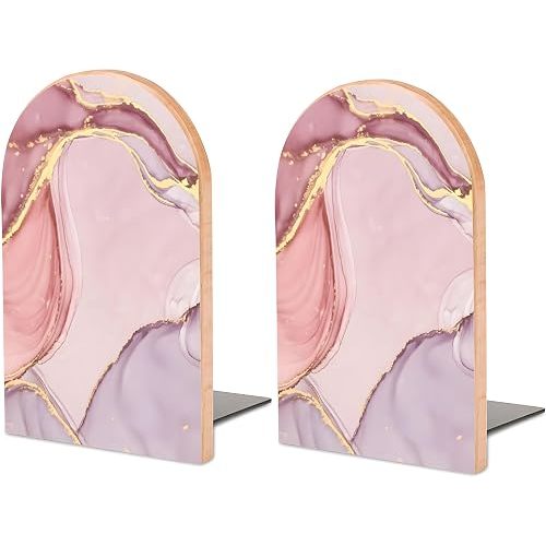 2PCS Pink Wood Bookends for Shelves, Glitter Rose Gold Pink Marble Book Ends Book Stand Supports for Home Office School Study Room Girl Desk Shelves Decor - 1 Pair