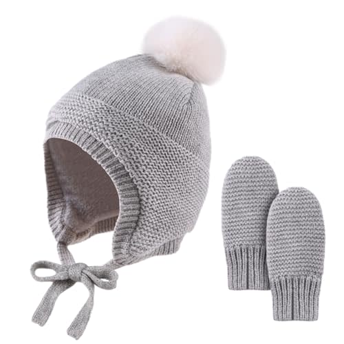 Basic Winter Baby Beanie Gloves Boys Girls Knitted Hat Pompom Kids Earflap Hats Warm Infant Toddler Beanie Mittens Set