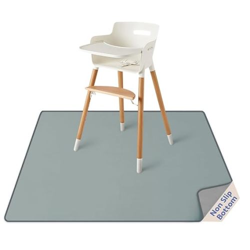 Blissful Diary Baby Splat Mat for Under High Chair, 50.4 x 50.4 Inch Wipeable Splash Mat, Waterproof and Washable, Anti-Slip Floor Protector, Silver Mist