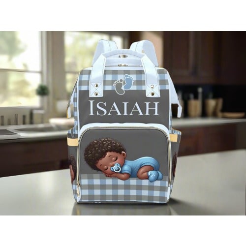 Black Baby Boy Custom Diaper Bag Baby Shower Gift Blue Diaper Bag Backpack Ethnic Personalized Mommy Bag Baby Gift Backpack Plaid Diaper Bag
