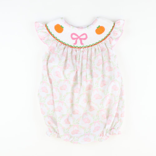 Smocked Pink Bow & Pumpkins Girl Bubble - Pumpkin Lattice
