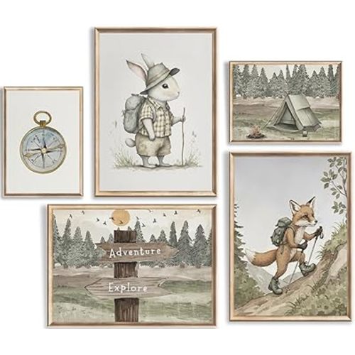 5Pcs Boy Adventure Nursery Wall Art Woodland Animals Prints Rabbit Fox Wall Decor Picture Watercolor Mountain Kids Canvas Posters for Classroom Baby Room Decoration Unframed (12x16 Poster)