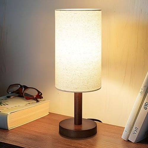 LALISU Small Table Lamp，Nightstand Lamp Wood Base Bedside Lamp Plug in