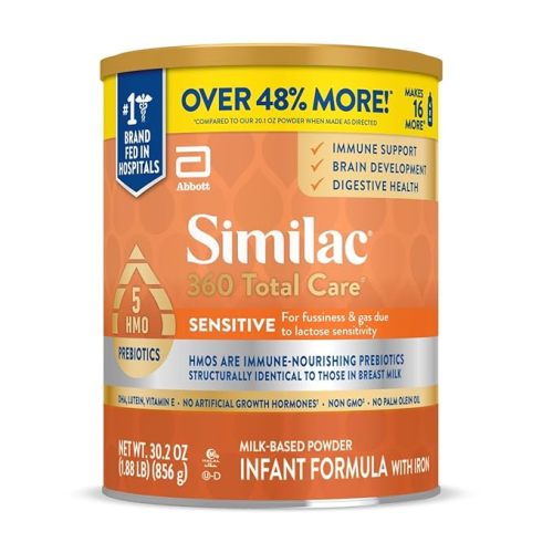 Similac 360 Total Care Sensitive Infant Formula for Fussiness & Gas Due to Lactose Sensitivity, Has 5 HMO Prebiotics, Baby Formula Powder, 20.1-oz Tub