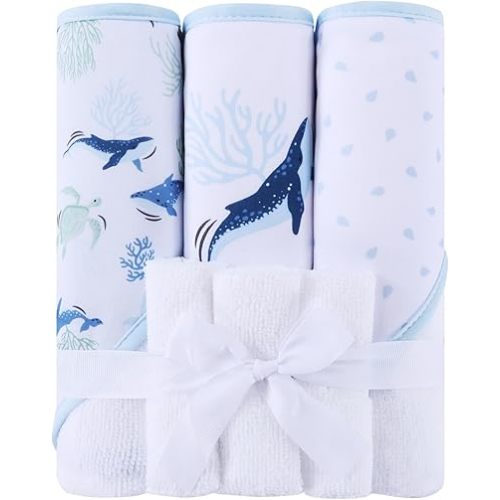 Mooreeke Baby Towel with Hood for Boys Blue Ocean Bath Towel for Babies Ultra Soft Absorbent 3 PCS Baby Towels and 3 PCS Washcloths for Newborn Essentials