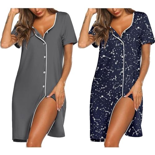 Ekouaer Nightgowns for Women 2 Pack Button Down Sleepshirt Short Sleeve Nightshirt Soft Sleepwear V Neck Pajama Dress
