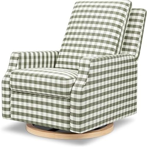 Namesake Crewe Recliner and Swivel Glider in Moss Green Gingham with Light Wood Base, Greenguard Gold & CertiPUR-US Certified
