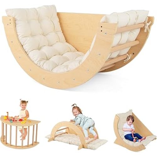 HONEY JOY Wooden Arch Climber with Cushion, Montessori Arch Table for Kids, Baby Rocker Ladder Play Gym Playground, Toddler Climbing Toys Indoor, Learning Gift for Kids Aged 1+ (Beige)