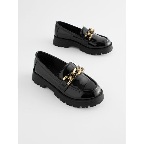 Black Patent Chunky Chain Loafer School Shoes