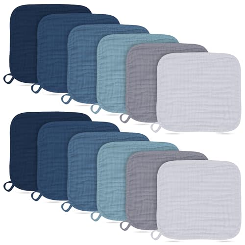 Baby Washcloths -100% Cotton Muslin Soft Baby Bath Wash Cloths and Absorbent Baby Wipes for Newborns Kids Girls and Boys - 12 Pack, 12x12 Inches - Slate, Grey, Navy Series