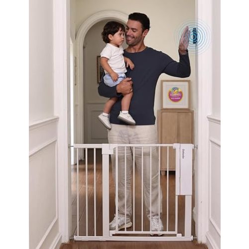 Babelio Smart Baby Gate with Auto-Unlock/Close, Pressure Mounted No Drill for Doorways/Top of Stairs. Pet/Dog Door Wide Walk Thru w/Infrared Sensor & Instant Safety Alert (White, 26.3-37.8" W, 30" H)