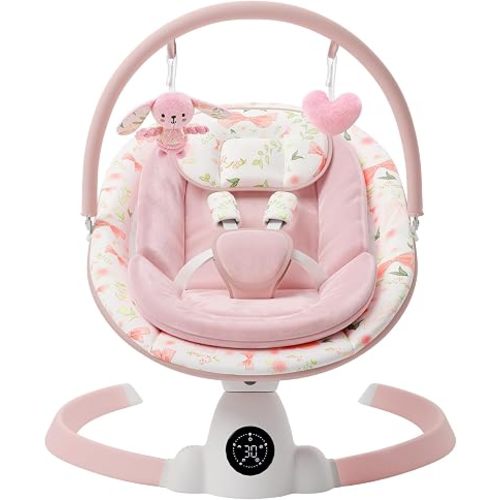 Suihuooo Baby Swing for Infants with 5 Swing Speeds, Portable Electric Baby Swing with Bluetooth, Touch Panel, 5-Point Harness, Indoor & Outdoor Use, Pink