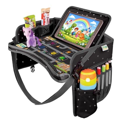 Kids Car Seat Travel Tray, Car Table & Lap Desk – Stars | Waterproof car seat organizer with tablet holder, cup holder & storage - foldable lap desk for road trips & long journeys