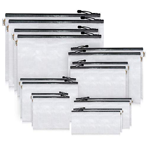 16-Pack Black Zipper Pouch (8 Sizes), Zipper File Bags File Holders with Grid Travel Pouch as Multipurpose Organizer - Clear Mesh Weatherproof Protection