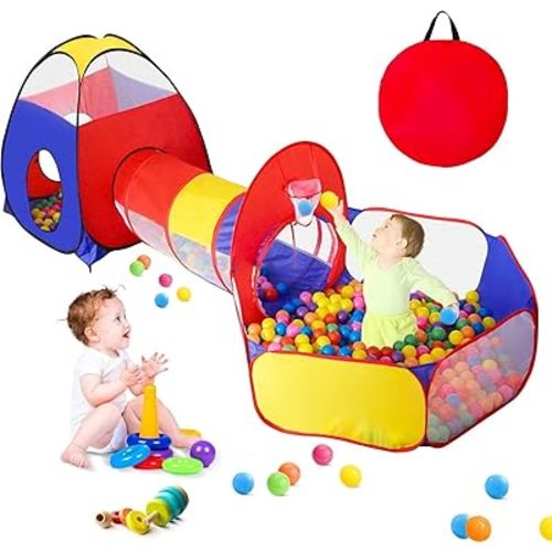GeerWest 3 in 1 Kids Play Tent for Toddler with Baby Ball Pit and Play Tunnel, Children Indoor Outdoor Playhouse with Climbing Tunnel Toy for Toddlers, Boys and Girls Best Birthday Gifts（No Balls）