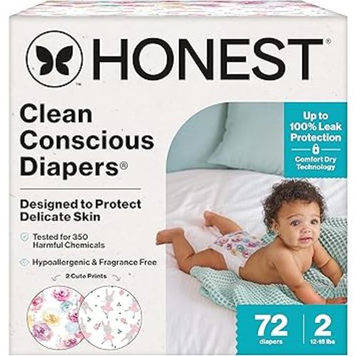 The Honest Company Clean Conscious Diapers for Delicate Skin | Up to 100% Leakproof | Hypoallergenic, Fragrance Free | Girl Prints | Club Box, Size 2 (12-18 lbs), 72 Count (Prints May Vary)