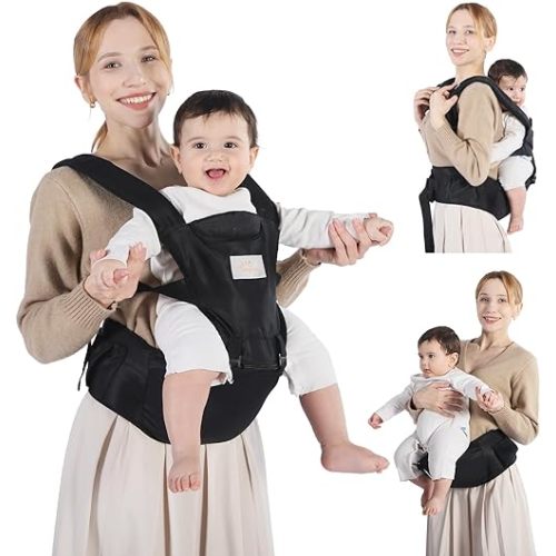 Baby Carrier with Hip Seat, 6-in-1 Baby Carrier Newborn to Toddler, Detachable Hands-Free Infant Carrier, One Size Fits All, All Seasons, Black
