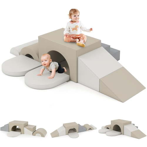 OLAKIDS Toddler Climbing Toys Indoor, 7 Pieces Baby Foam Blocks Soft Play Set with PU Leather, Kids Climb Crawling Activity Gym Playground for 1+ Years