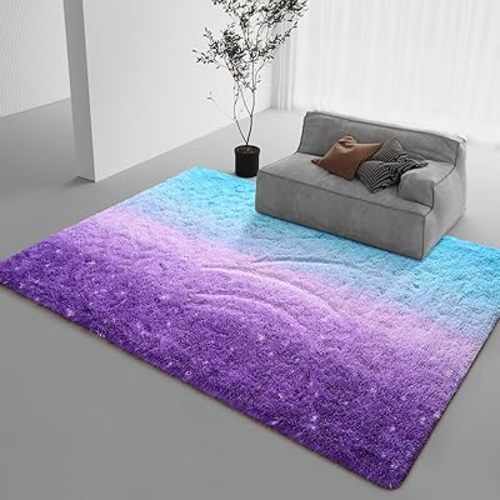 DweIke Luxury Fluffy Kids Rugs for Living Room Bedroom, 4x6 Feet Shaggy Purple and Blue Area Rug for Girls Boys, Upgrade Plush Non-Slip and Washable Colorful Fuzzy Carpet for Dorm Nursery Decor