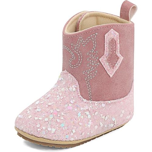 ESTAMICO Baby Girls Embroidery Western Cowgirl Boots Infant Sequin Leather Cowboy Booties Round Toe Ankle High Hook and Loop Shoes