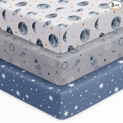 Unnivoll Baby Crib Sheets for Boys Girls, 28x52x8in Fitted Crib Sheet Neutral 3 Pack for Standard Crib and Toddler Mattress, Breathable Soft Microfiber Baby Sheet Grey & Blue Moon